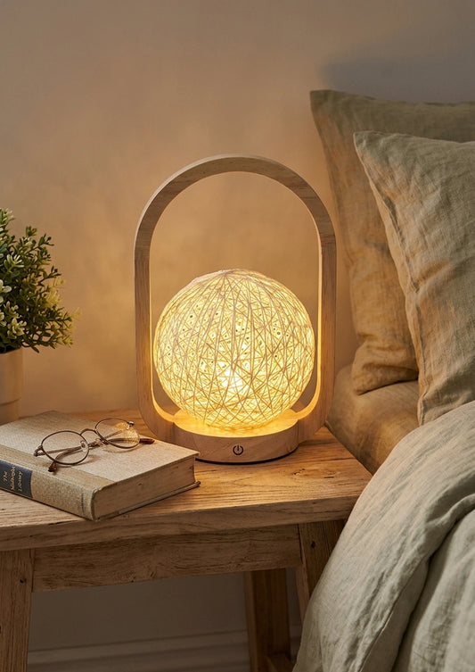 Dimmable Rattan & Wood Portable Bedside Lamp – Rechargeable with Remote Control