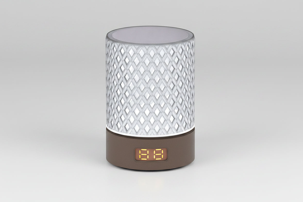 Decorative lamp with digital display on a white background