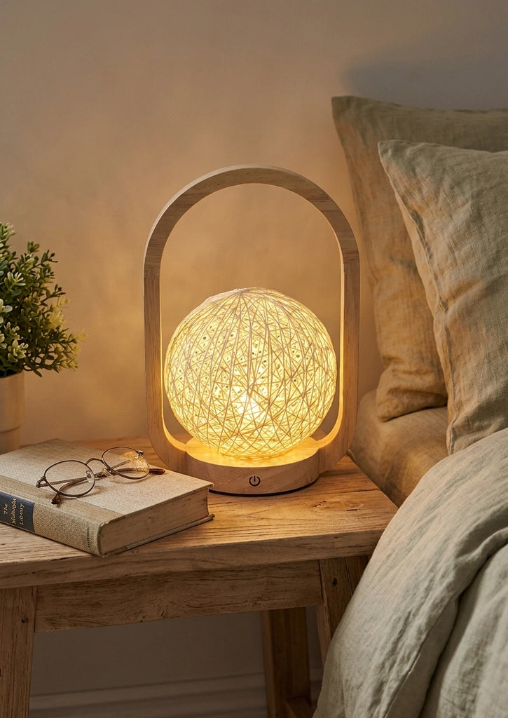 Dimmable Rattan & Wood Portable Bedside Lamp – Rechargeable with Remote Control