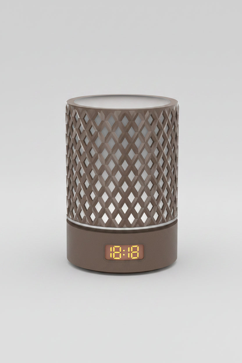 Brown lattice-patterned lamp with digital display on a white background