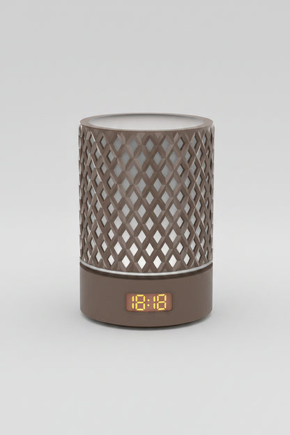 Brown lattice-patterned lamp with digital display on a white background