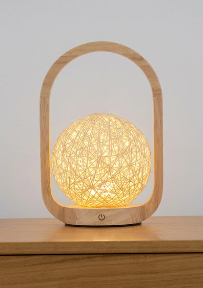Dimmable Rattan & Wood Portable Bedside Lamp – Rechargeable with Remote Control